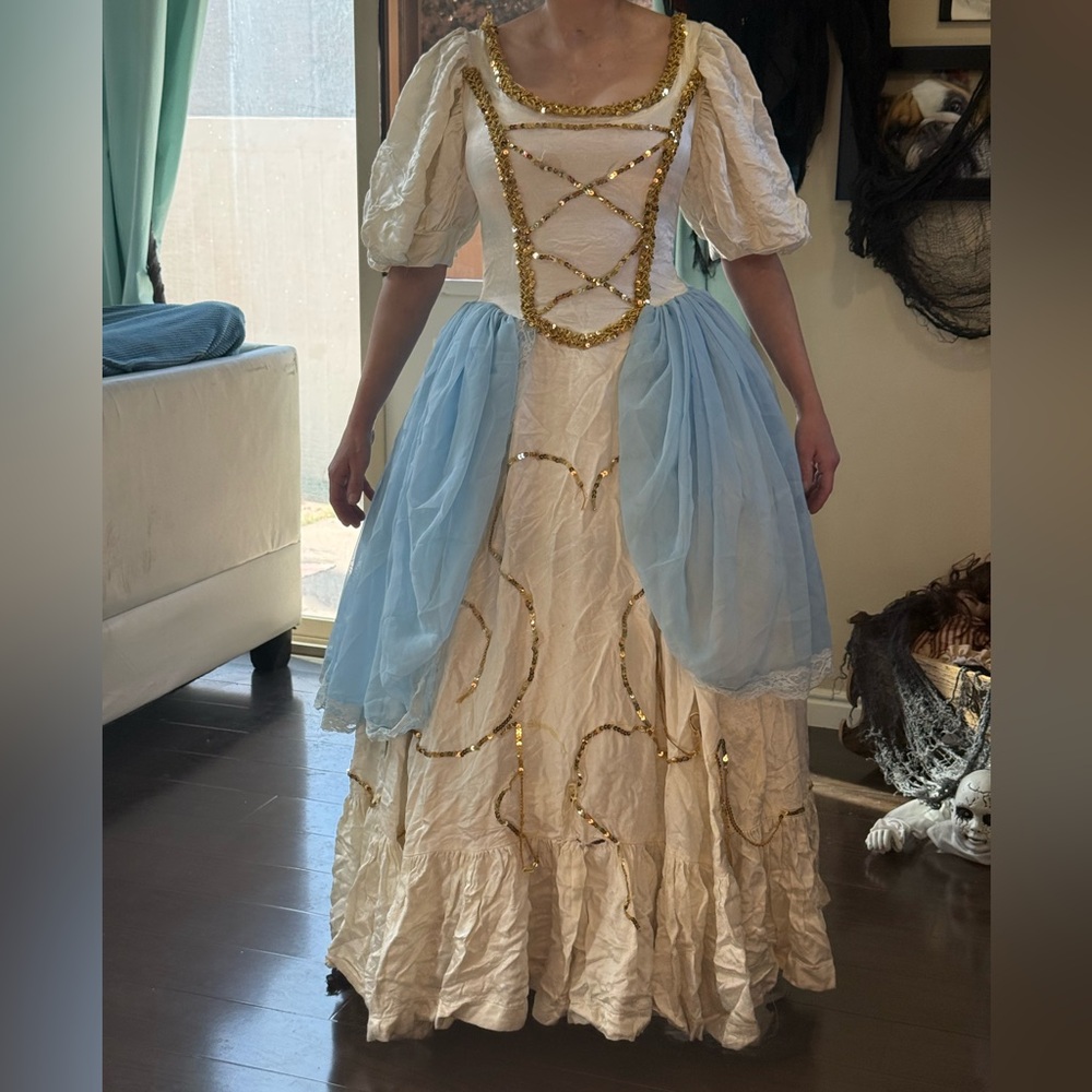 Elegant White and Gold Gown with Blue Accents women’s small princess dress